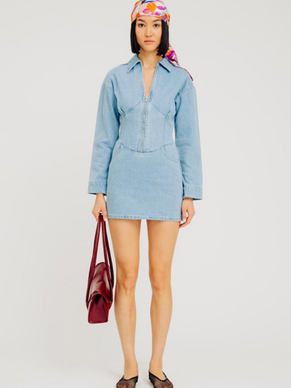TORN BY RONNY KOBO Light Wash Blue Denim Zip-Front Mini Dress Size Small NWT